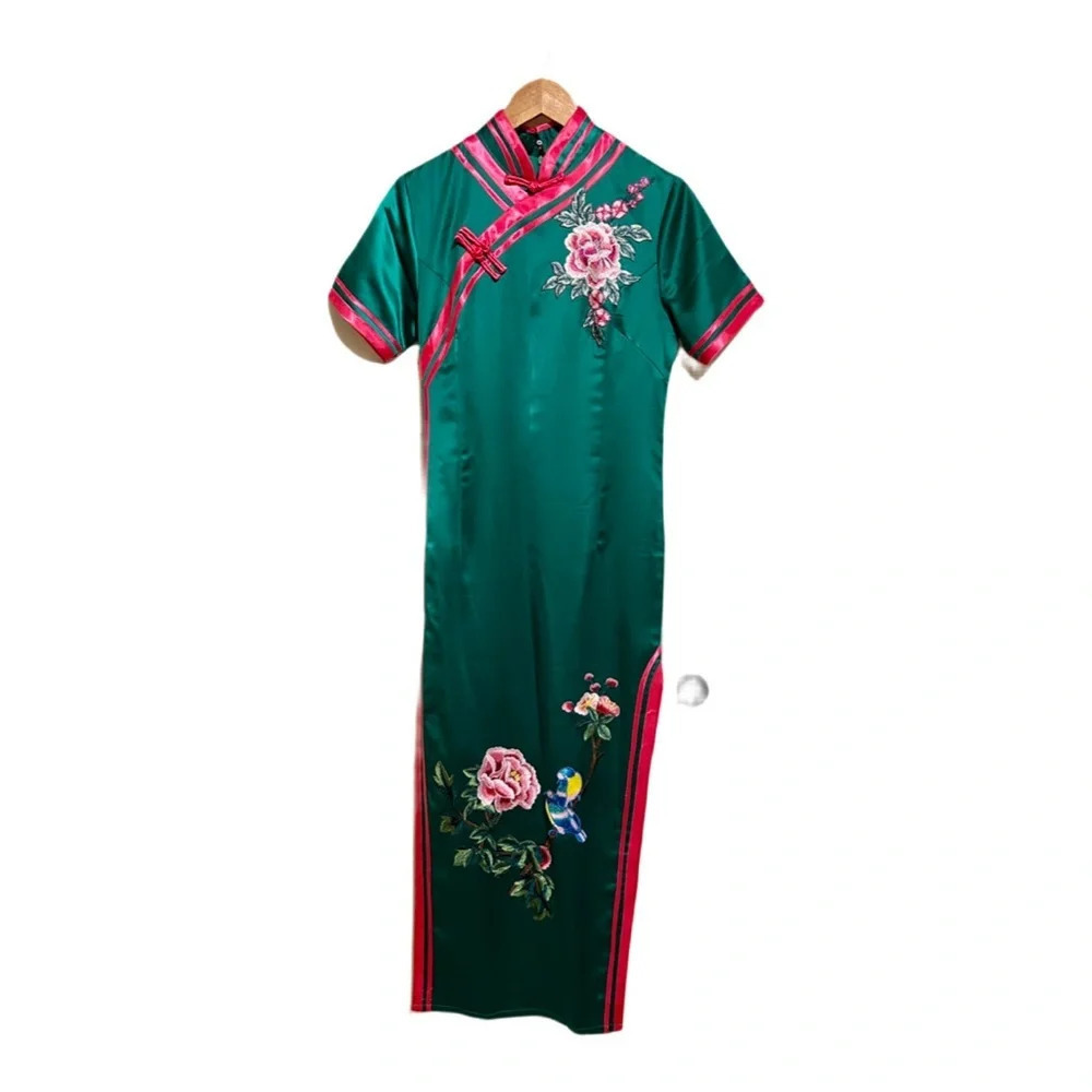Chinese Qipao With Modern Design Green Satin Long Dress Size Medium Excellent
